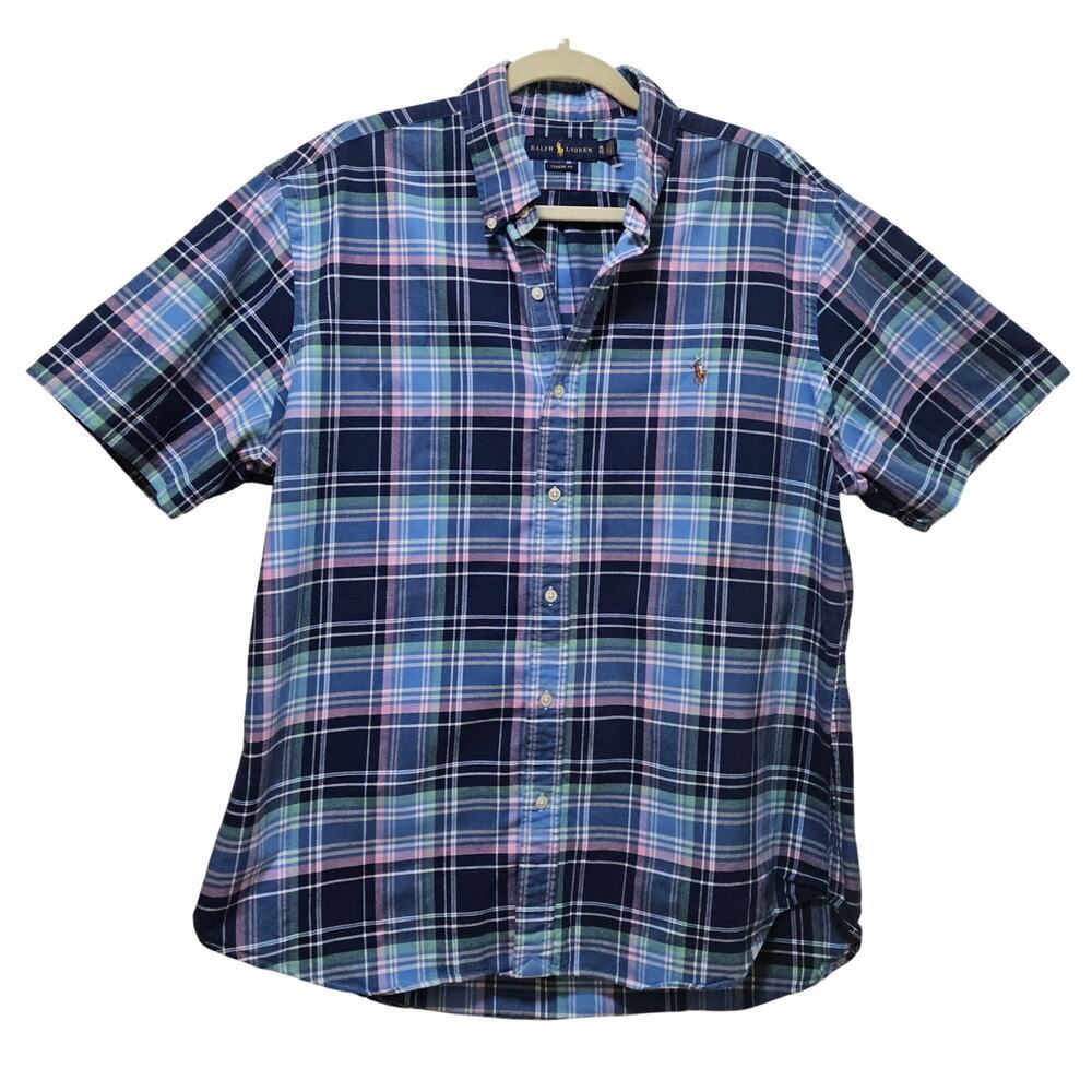 Ralph Lauren Vintage Ms XL/TG blue n pink‎ plaids Classic Fit ShortSleeve shirt.